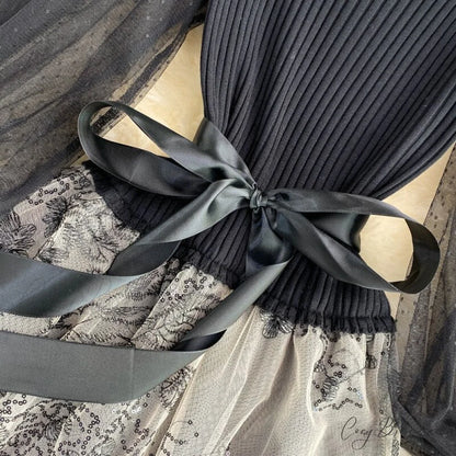 Vintage Gown Printing Round Puff Gown Ladies Bandage Knitted A Party Neck Mesh Arm Stitching Elegant Women’s Line Dress
