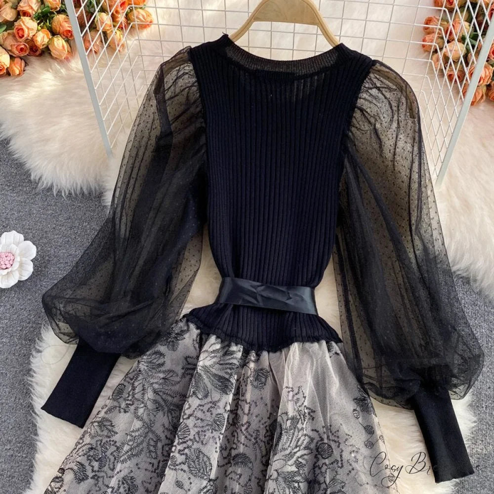 Vintage Gown Printing Round Puff Gown Ladies Bandage Knitted A Party Neck Mesh Arm Stitching Elegant Women’s Line Dress