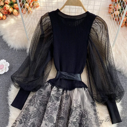 Vintage Gown Printing Round Puff Gown Ladies Bandage Knitted A Party Neck Mesh Arm Stitching Elegant Women’s Line Dress