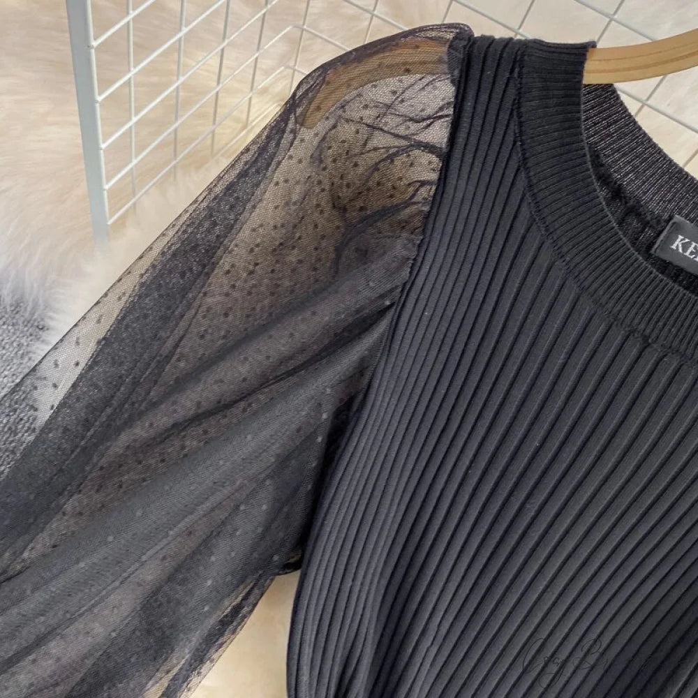 Vintage Gown Printing Round Puff Gown Ladies Bandage Knitted A Party Neck Mesh Arm Stitching Elegant Women’s Line Dress