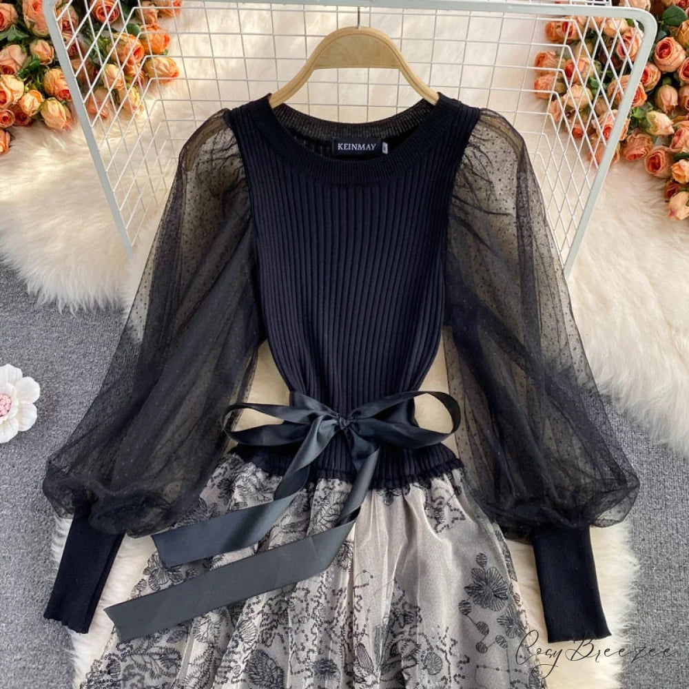 Vintage Gown Printing Round Puff Gown Ladies Bandage Knitted A Party Neck Mesh Arm Stitching Elegant Women’s Line Dress