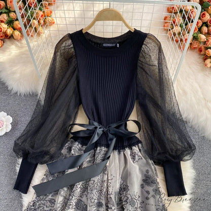 Vintage Gown Printing Round Puff Gown Ladies Bandage Knitted A Party Neck Mesh Arm Stitching Elegant Women’s Line Dress