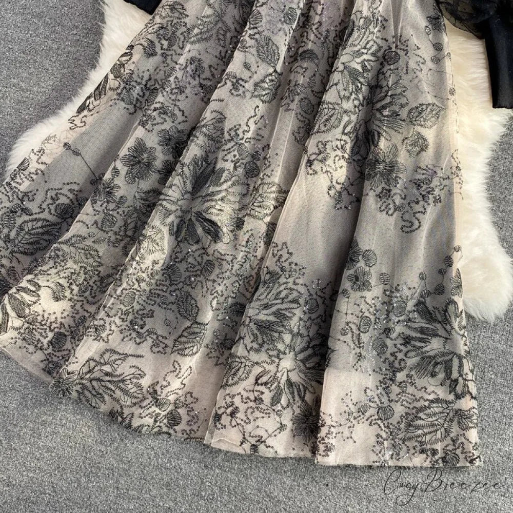 Vintage Gown Printing Round Puff Gown Ladies Bandage Knitted A Party Neck Mesh Arm Stitching Elegant Women’s Line Dress