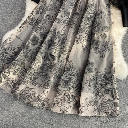 Vintage Gown Printing Round Puff Gown Ladies Bandage Knitted A Party Neck Mesh Arm Stitching Elegant Women’s Line Dress