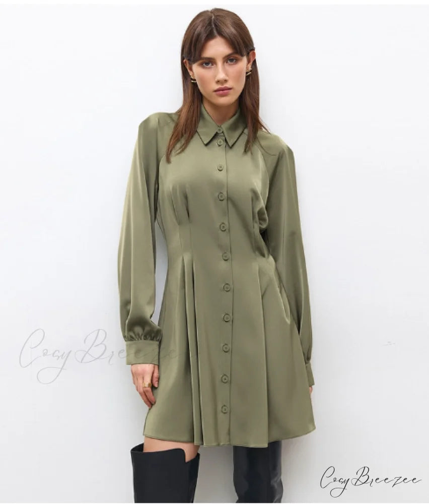 Vintage Green Office Long Sleeve Lapel Short Dress for Autumn L / GREEN