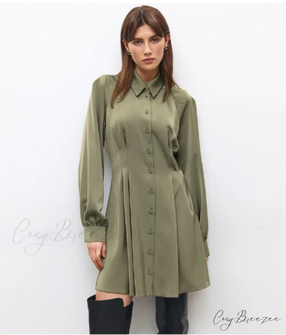 Vintage Green Office Long Sleeve Lapel Short Dress for Autumn L / GREEN