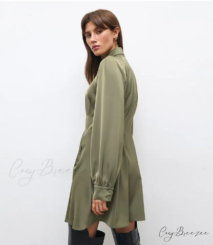 Vintage Green Office Long Sleeve Lapel Short Dress for Autumn M / GREEN