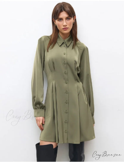 Vintage Green Office Long Sleeve Lapel Short Dress for Autumn S / GREEN