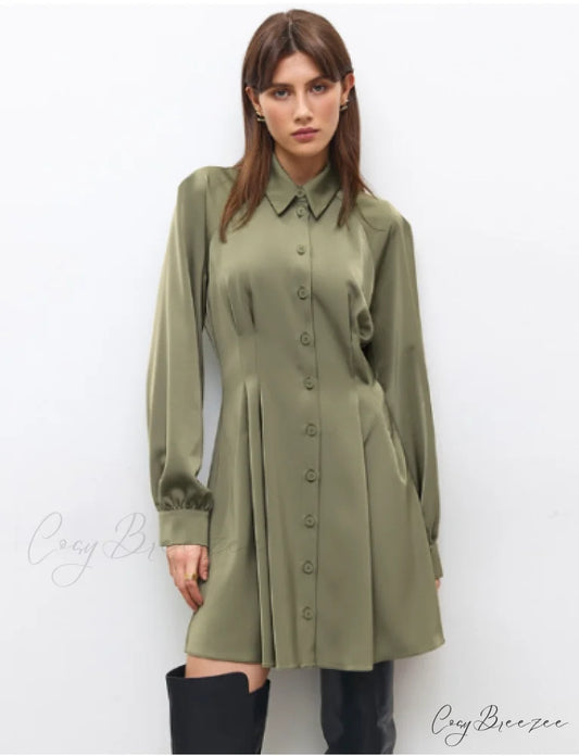 Vintage Green Office Long Sleeve Lapel Short Dress for Autumn S / GREEN