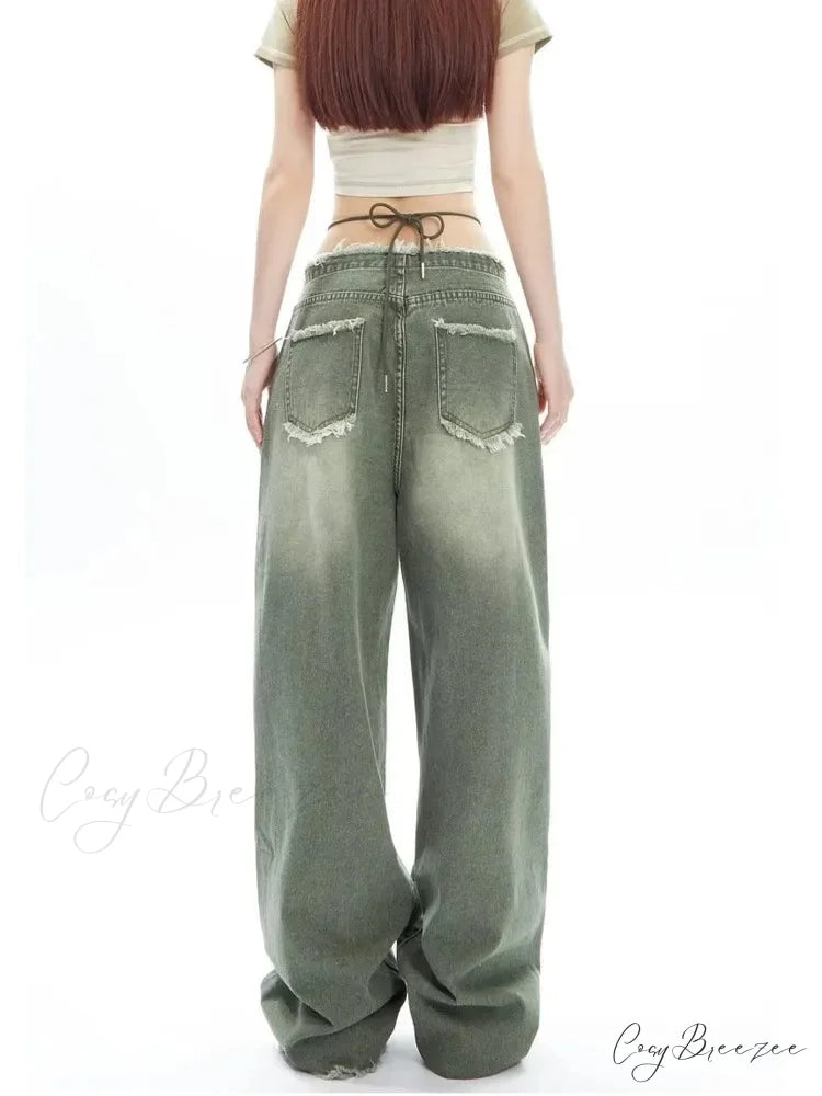 Vintage Green Wide Leg High Street High Waisted Drape Straight Leg Vintage Women’s Jean