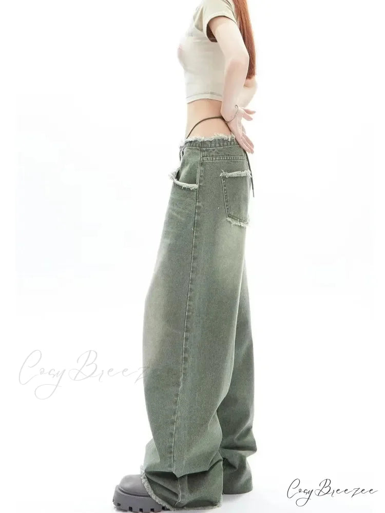 Vintage Green Wide Leg High Street High Waisted Drape Straight Leg Vintage Women’s Jean
