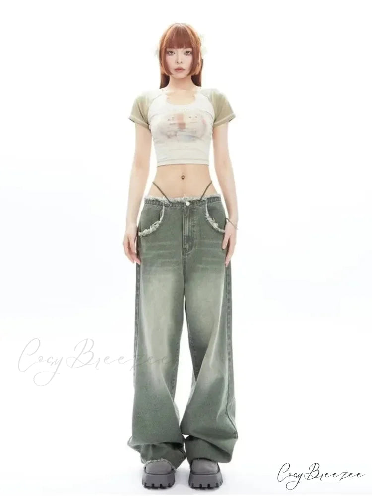 Vintage Green Wide Leg High Street High Waisted Drape Straight Leg Vintage Women’s Jean Green / S