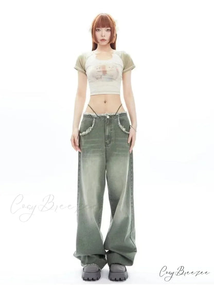 Vintage Green Wide Leg High Street High Waisted Drape Straight Leg Vintage Women’s Jean Green / S