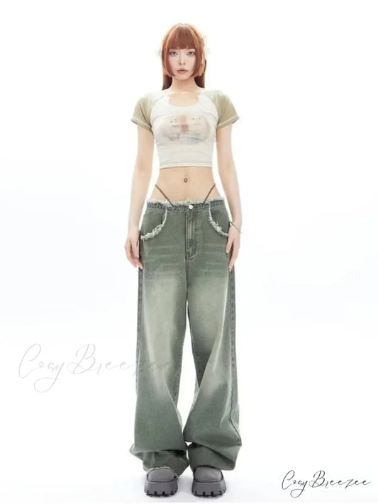 Vintage Green Wide Leg High Street High Waisted Drape Straight Leg Vintage Women’s Jean Green / S
