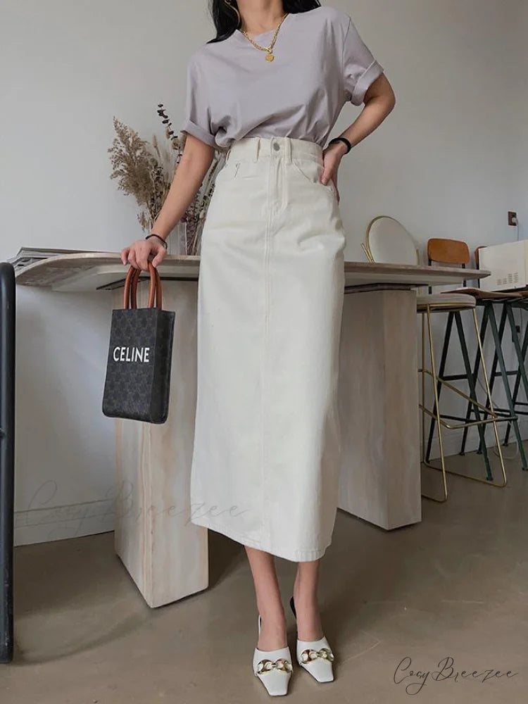 Vintage High Solid Waist Midi Split Denim Warm-Season Women Skirt Elegant White Beige / S