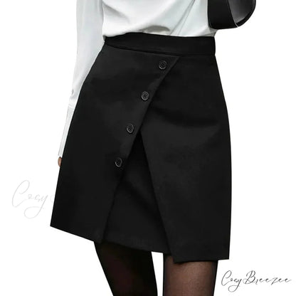 Vintage High Waist Slim Safe Front Slit Knit Korean A-Line Trendy Mini Skirt Black / S