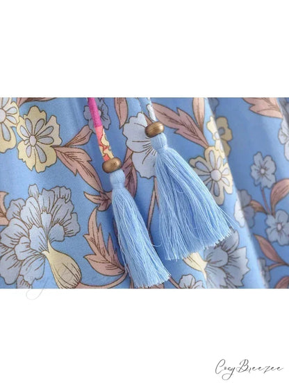 Vintage Hippie Blue Floral Print Beach Skirt High Elastic A-Line skirt-250126