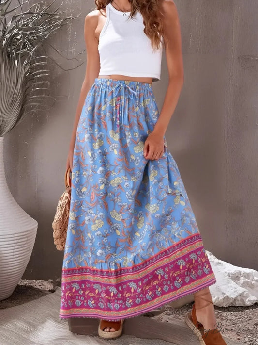 Vintage Hippie Blue Floral Print Beach Skirt High Elastic A-Line light blue / S skirt-250126