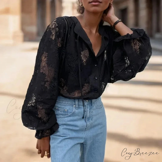 Vintage Hook Hollow Flower Lace Lantern Sleeve Crop Top Black / S blouse-250126
