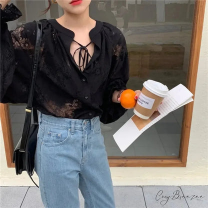 Vintage Hook Hollow Flower Lace Lantern Sleeve Crop Top blouse-250126