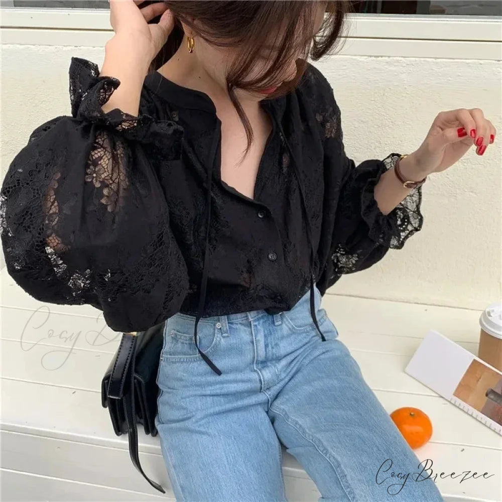 Vintage Hook Hollow Flower Lace Lantern Sleeve Crop Top blouse-250126