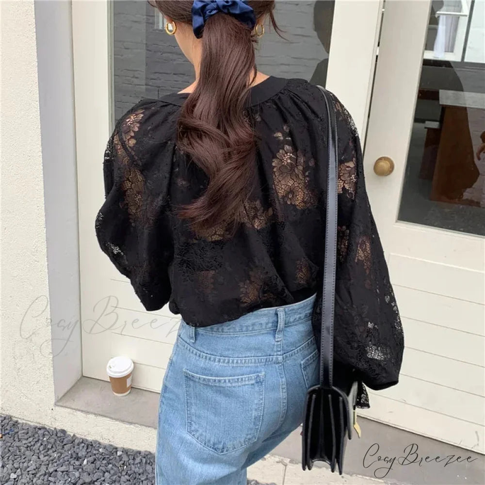 Vintage Hook Hollow Flower Lace Lantern Sleeve Crop Top blouse-250126