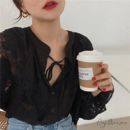 Vintage Hook Hollow Flower Lace Lantern Sleeve Crop Top blouse-250126