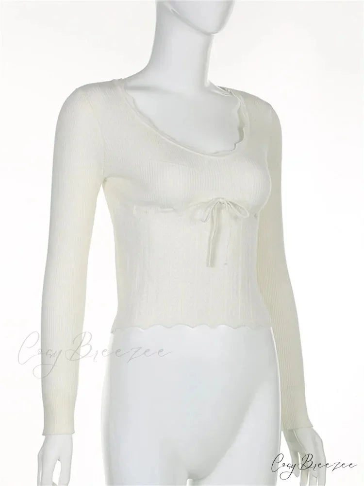 Vintage Knitted Low Cut Round Neck Slim Fit Ribbed T-shirts