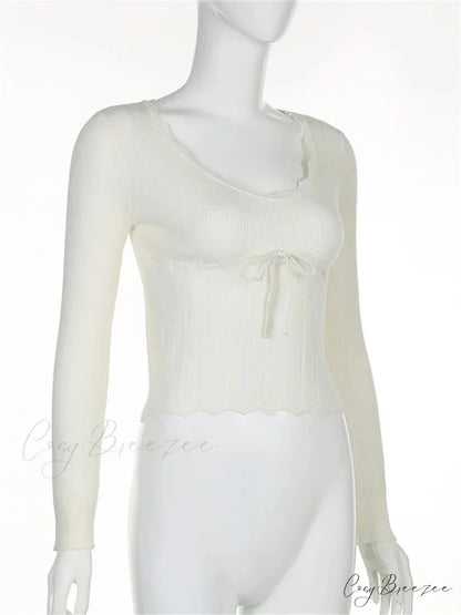 Vintage Knitted Low Cut Round Neck Slim Fit Ribbed T-shirts
