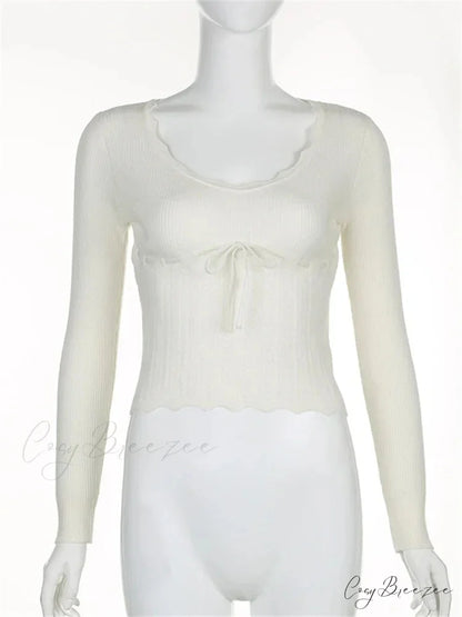 Vintage Knitted Low Cut Round Neck Slim Fit Ribbed T-shirts