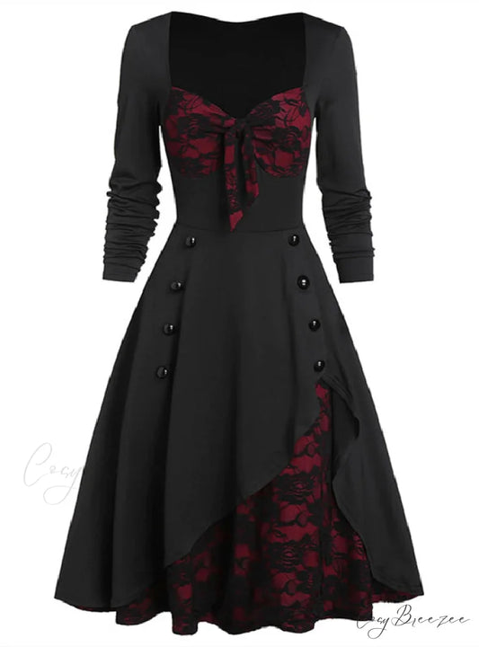 Vintage Lace Button-Up Long Sleeve Dress L / BURGUNDY