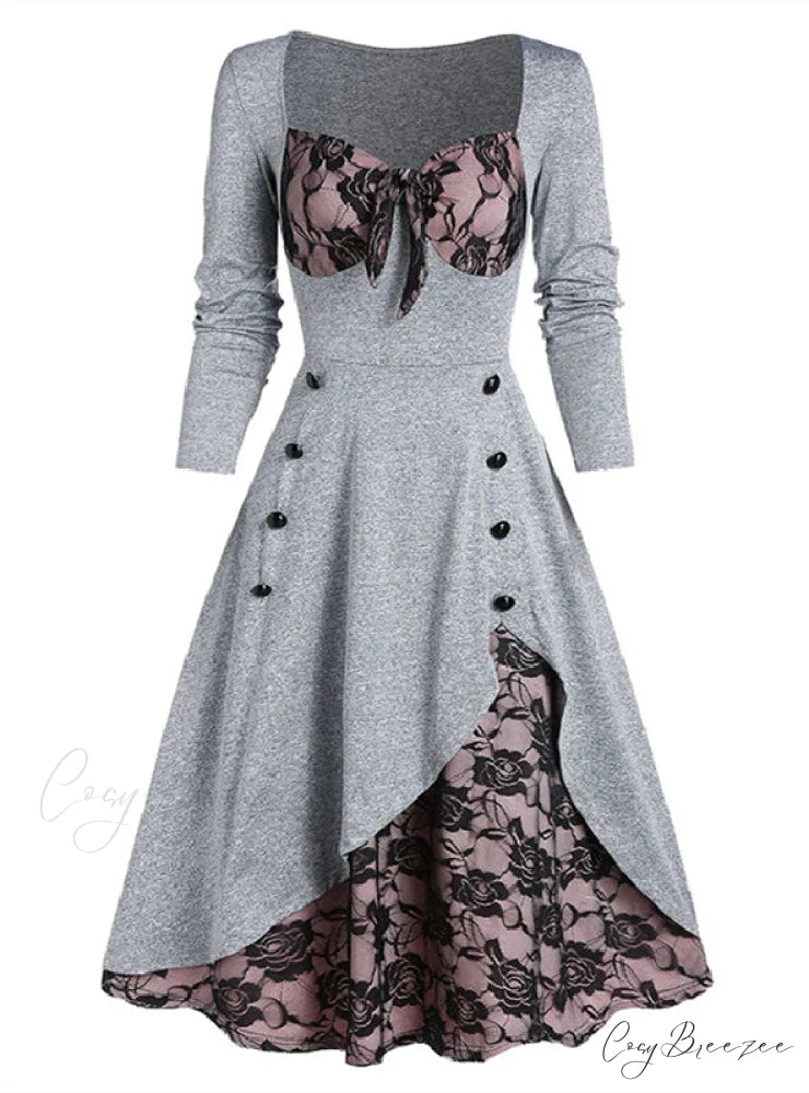 Vintage Lace Button-Up Long Sleeve Dress L / GRAY