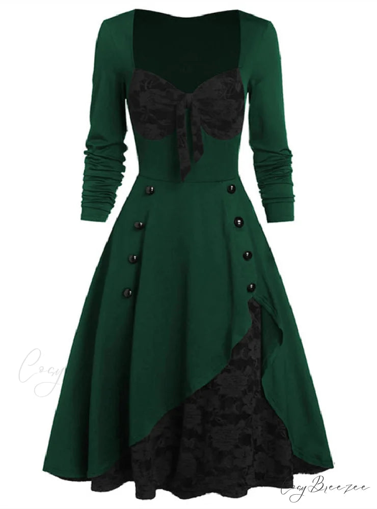 Vintage Lace Button-Up Long Sleeve Dress L / GREEN
