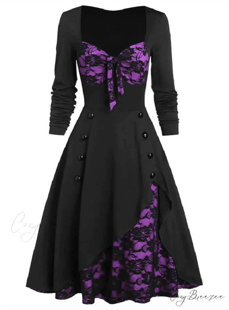 Vintage Lace Button-Up Long Sleeve Dress L / PURPLE