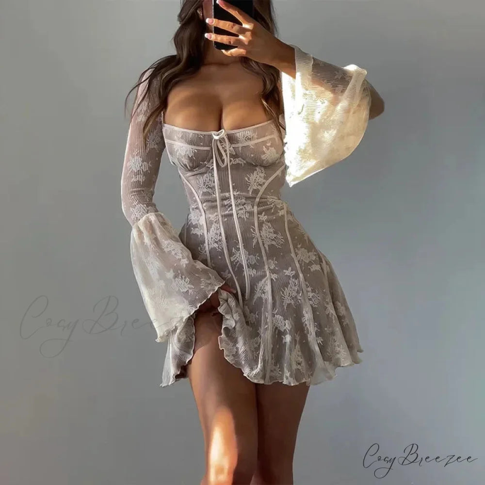 Vintage Lace Corset Long Sleeve Mini Dress White / S