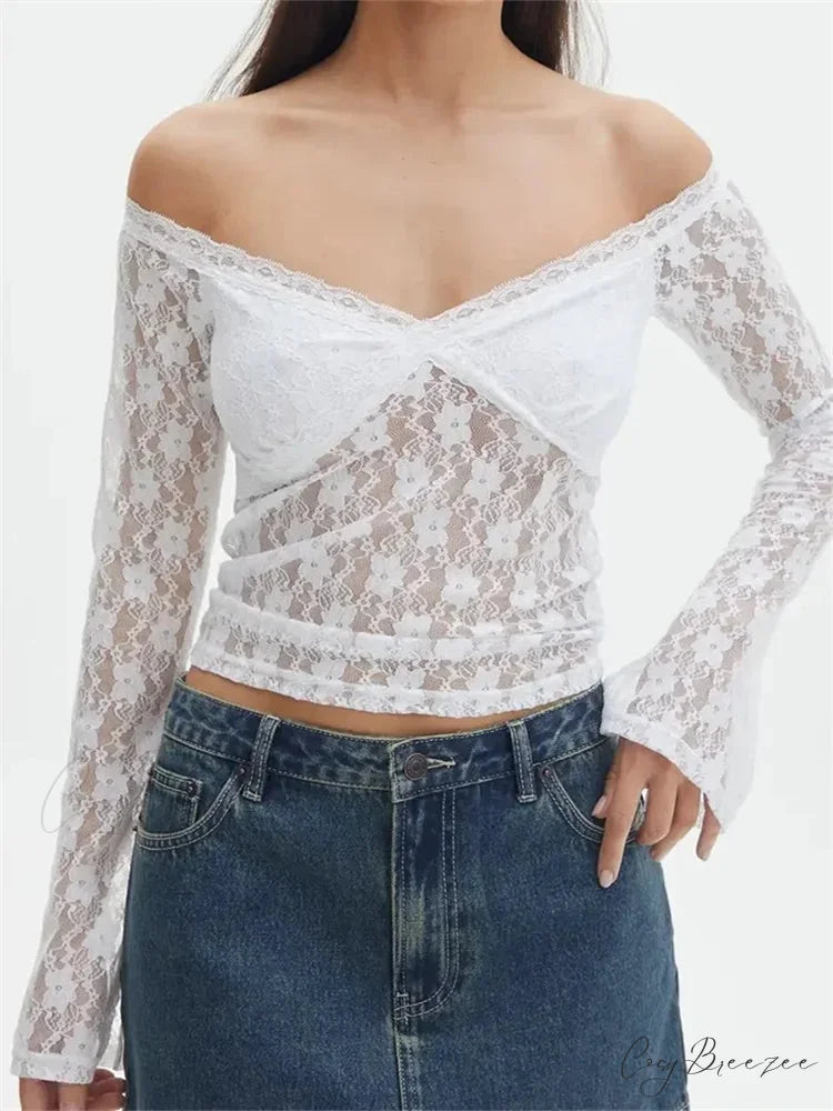Vintage Lace Crop Tops Long Sleeve Off-Shoulder Casual Pullovers T-shirts WHITE / S