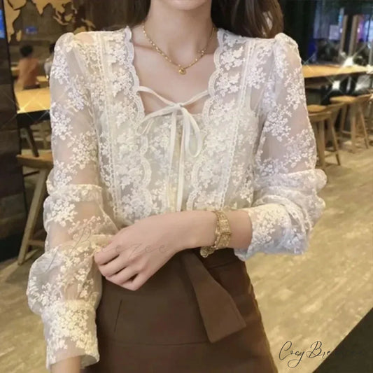 Vintage Lace Puff Long Sleeve Crochet Crop Top APRICOT / S blouse-250126