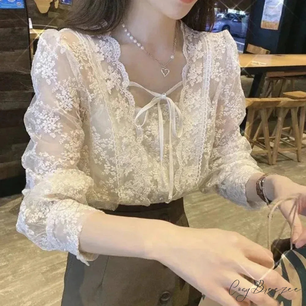 Vintage Lace Puff Long Sleeve Crochet Crop Top blouse-250126