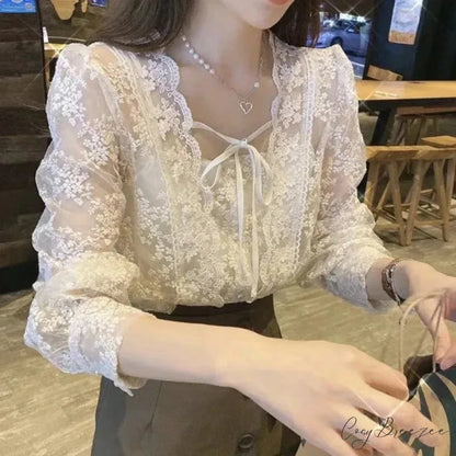 Vintage Lace Puff Long Sleeve Crochet Crop Top blouse-250126