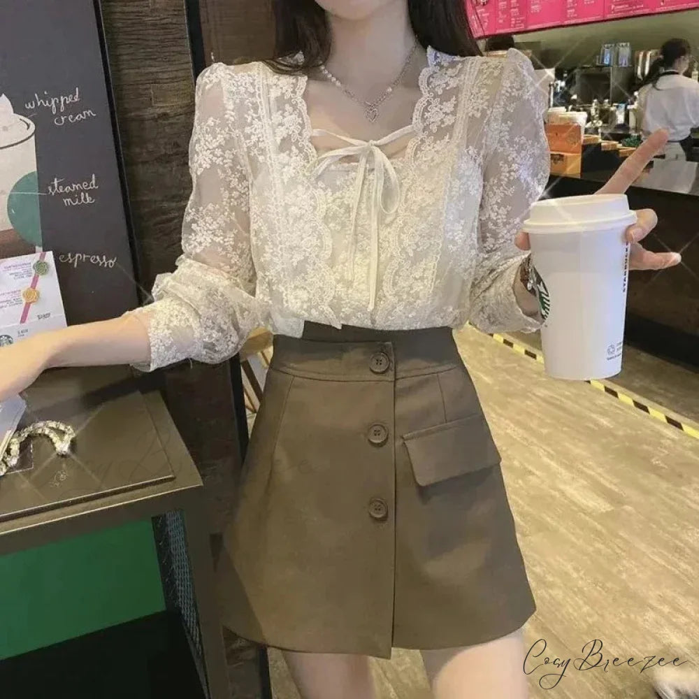 Vintage Lace Puff Long Sleeve Crochet Crop Top blouse-250126