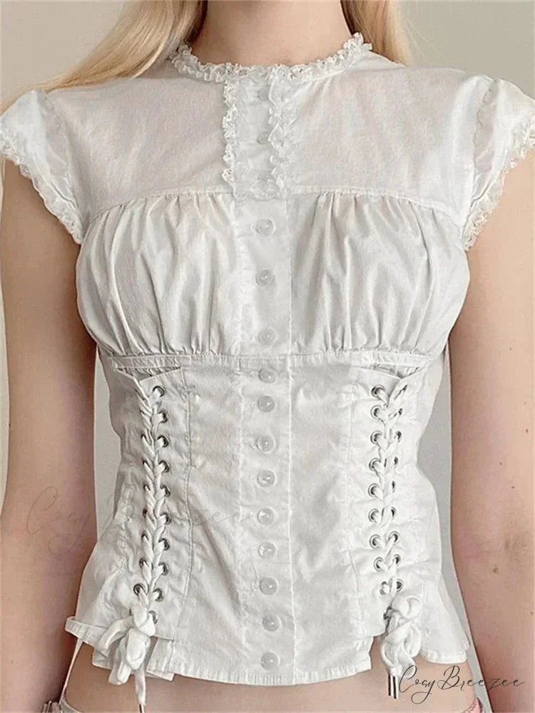 Vintage Lace Trim Cap Sleeve Bandage Crop Top blouse-250126