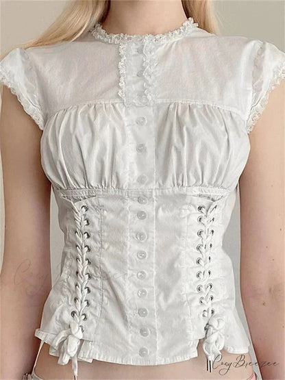 Vintage Lace Trim Cap Sleeve Bandage Crop Top blouse-250126