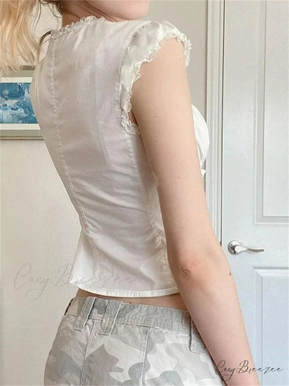 Vintage Lace Trim Cap Sleeve Bandage Crop Top blouse-250126
