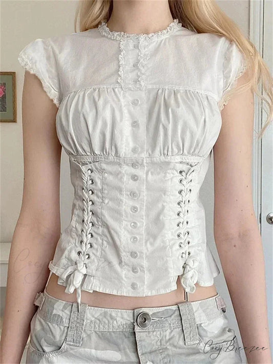Vintage Lace Trim Cap Sleeve Bandage Crop Top WHITE / S blouse-250126