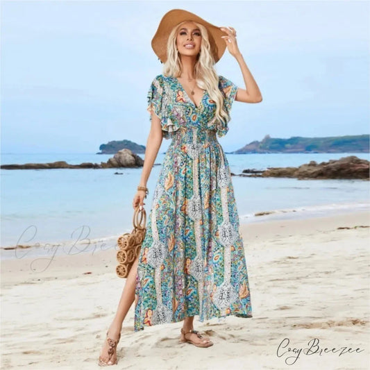 Vintage Lace Up Floral Beach Dress Blue / S oldfloraldress-250126