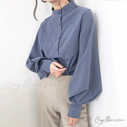 Vintage Lantern Sleeve Loose Stand Collar Crop Top Blue / S blouse-250126