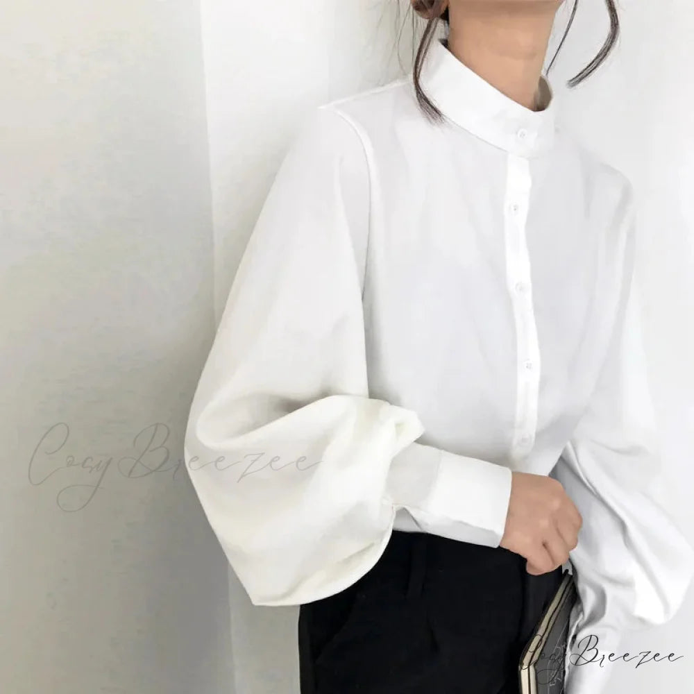 Vintage Lantern Sleeve Loose Stand Collar Crop Top WHITE / S blouse-250126