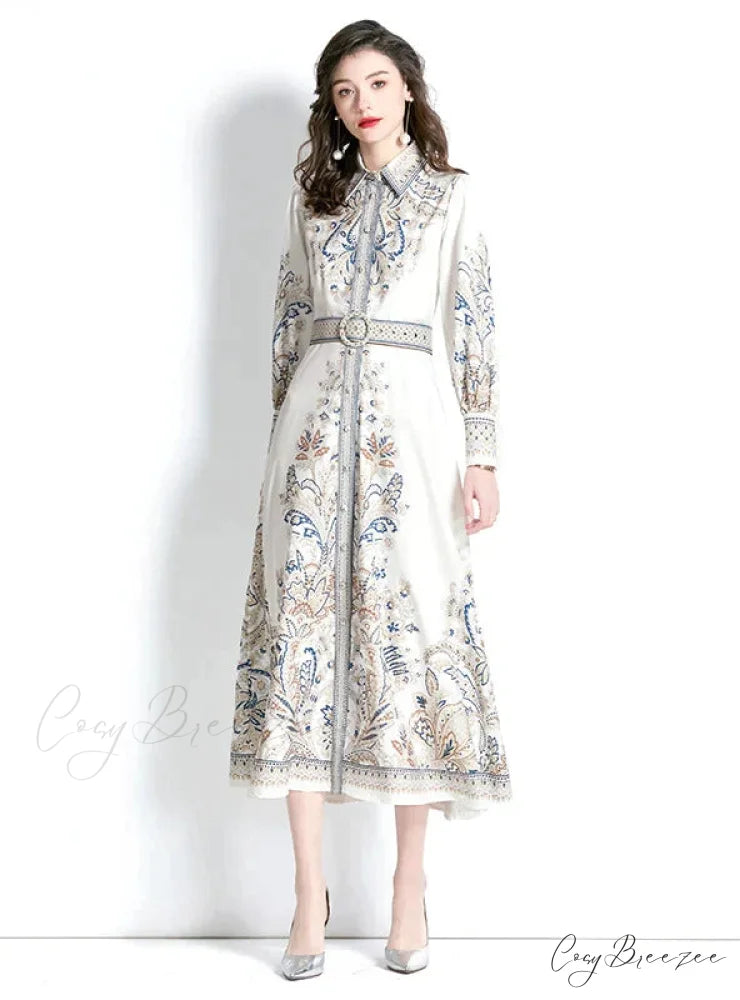 Vintage Lapel Lantern Sleeve Printed Dress L / BLACK