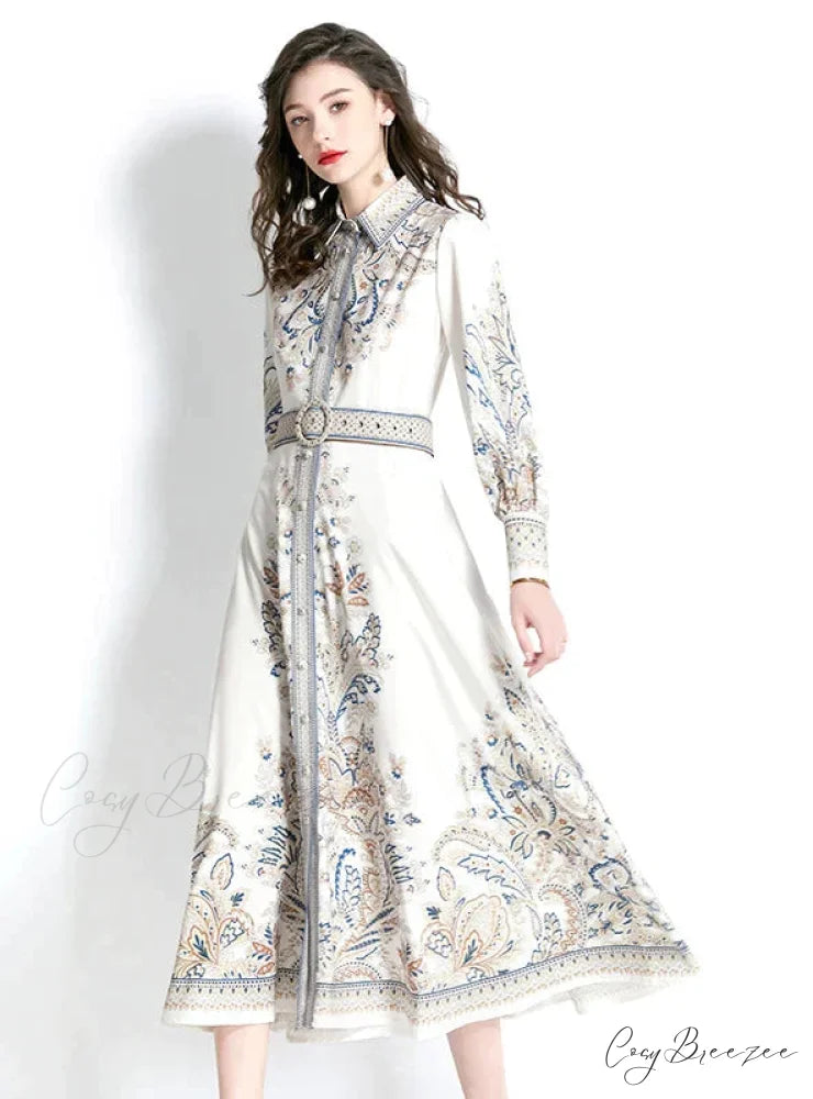 Vintage Lapel Lantern Sleeve Printed Dress L / WHITE