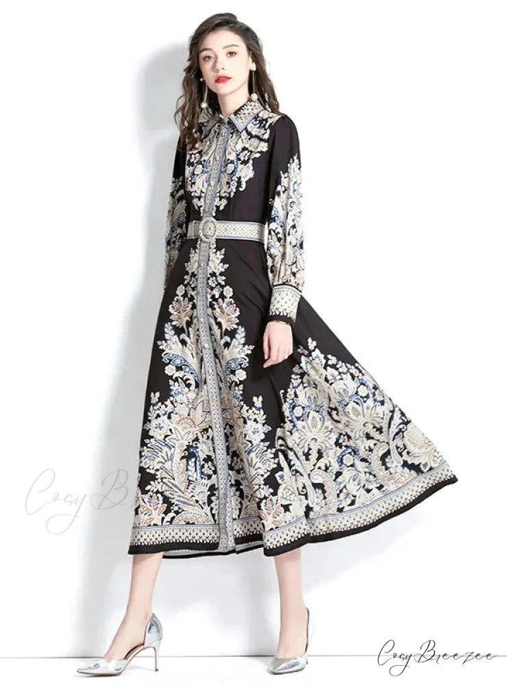 Vintage Lapel Lantern Sleeve Printed Dress M / BLACK